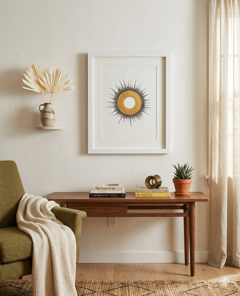 Gold Halo with Text Texture – Minimalist Conceptual Wall Art, Gold Leaf Circle, Contemporary Ink Drawing