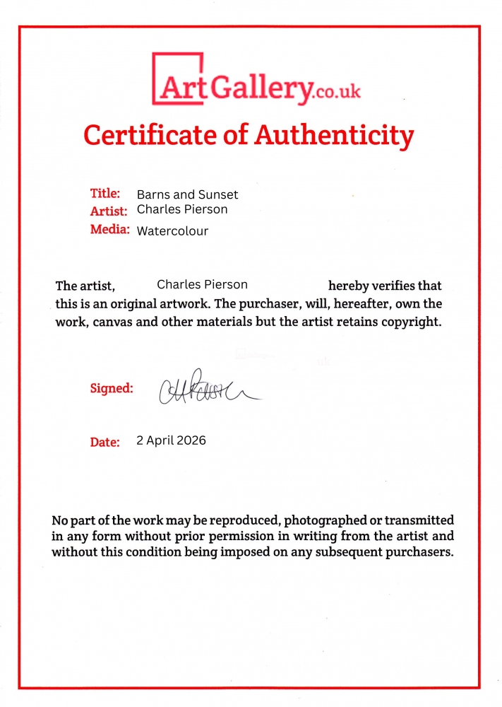 Barns and Sunset. Original Signed Watercolour. 15x11 inches; 38x28cm