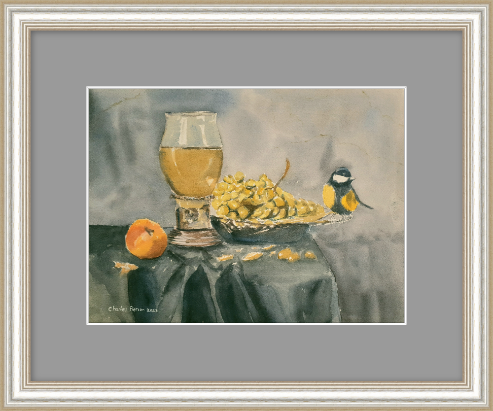 Bird with Grapes. Signed Watercolour Still Life