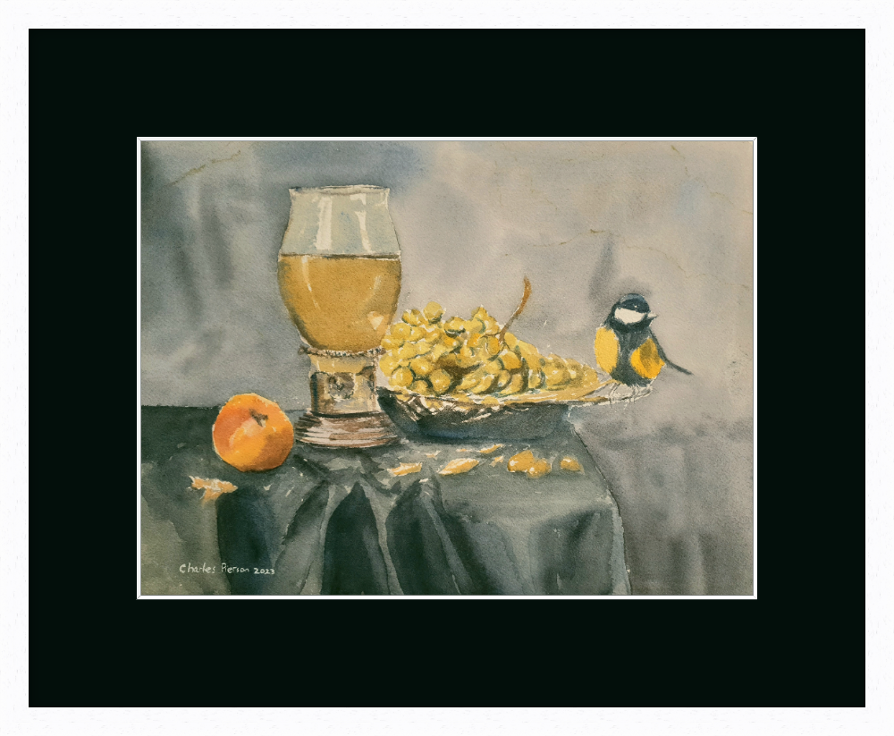 Bird with Grapes. Signed Watercolour Still Life