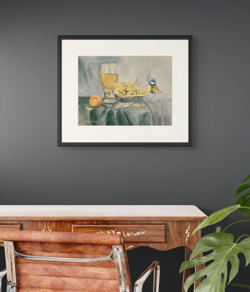 Bird with Grapes. Signed Watercolour Still Life