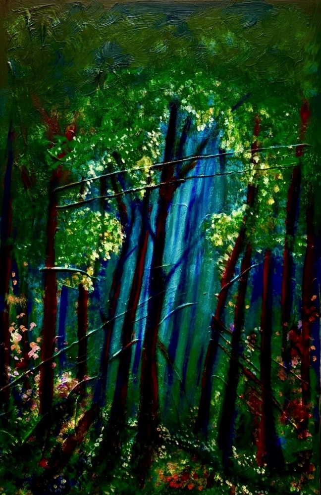 Enchanted Forest, Mysterious Woodland semi abstract Original oil Painting