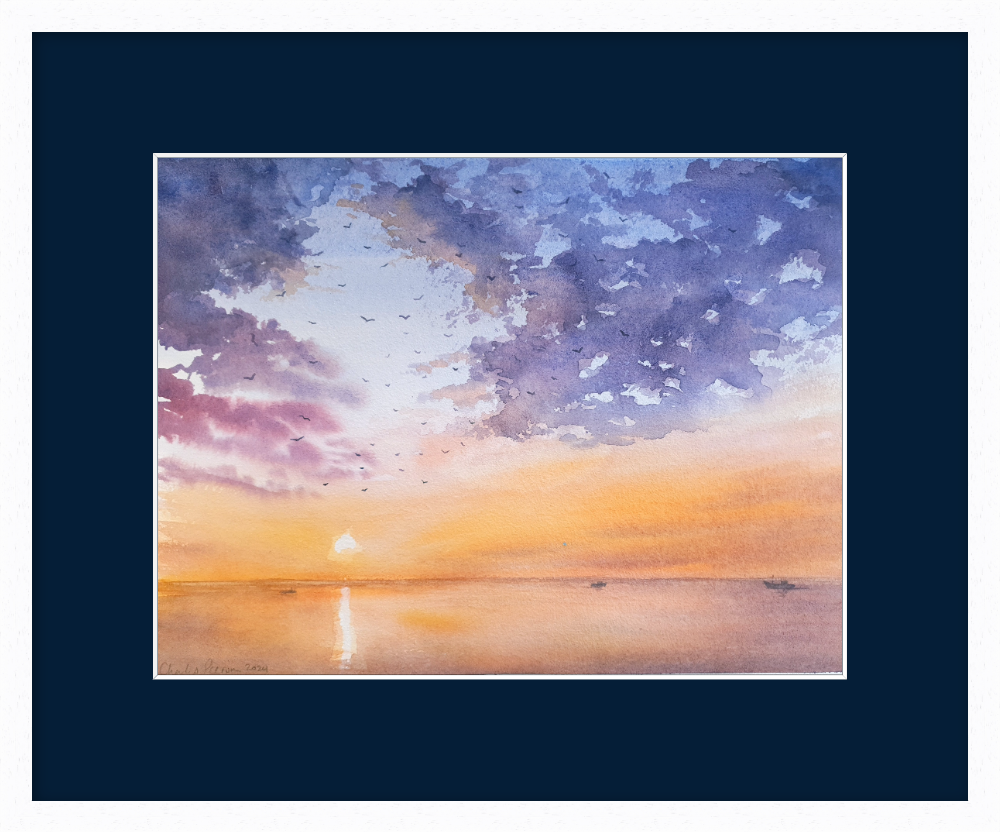 Gulls Circling at Sunset. Original Watercolour
