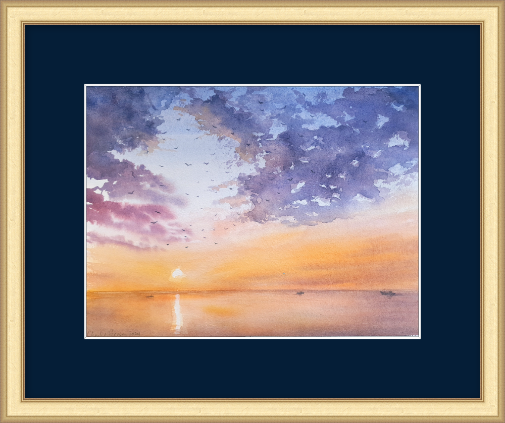 Gulls Circling at Sunset. Original Watercolour