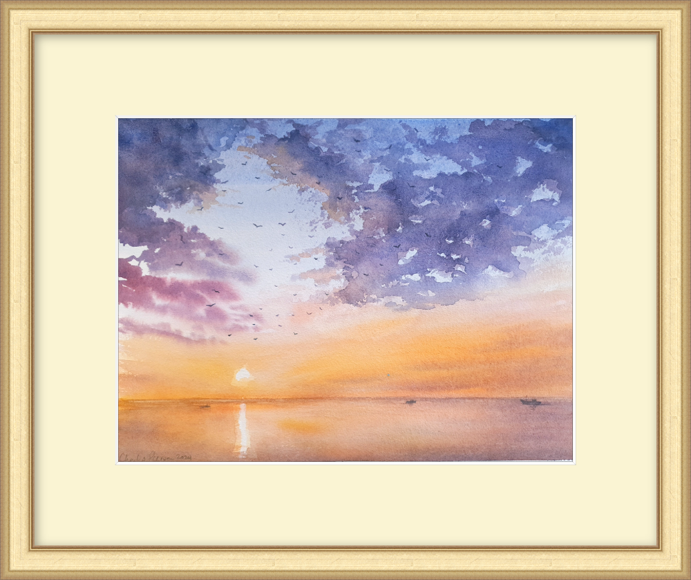 Gulls Circling at Sunset. Original Watercolour