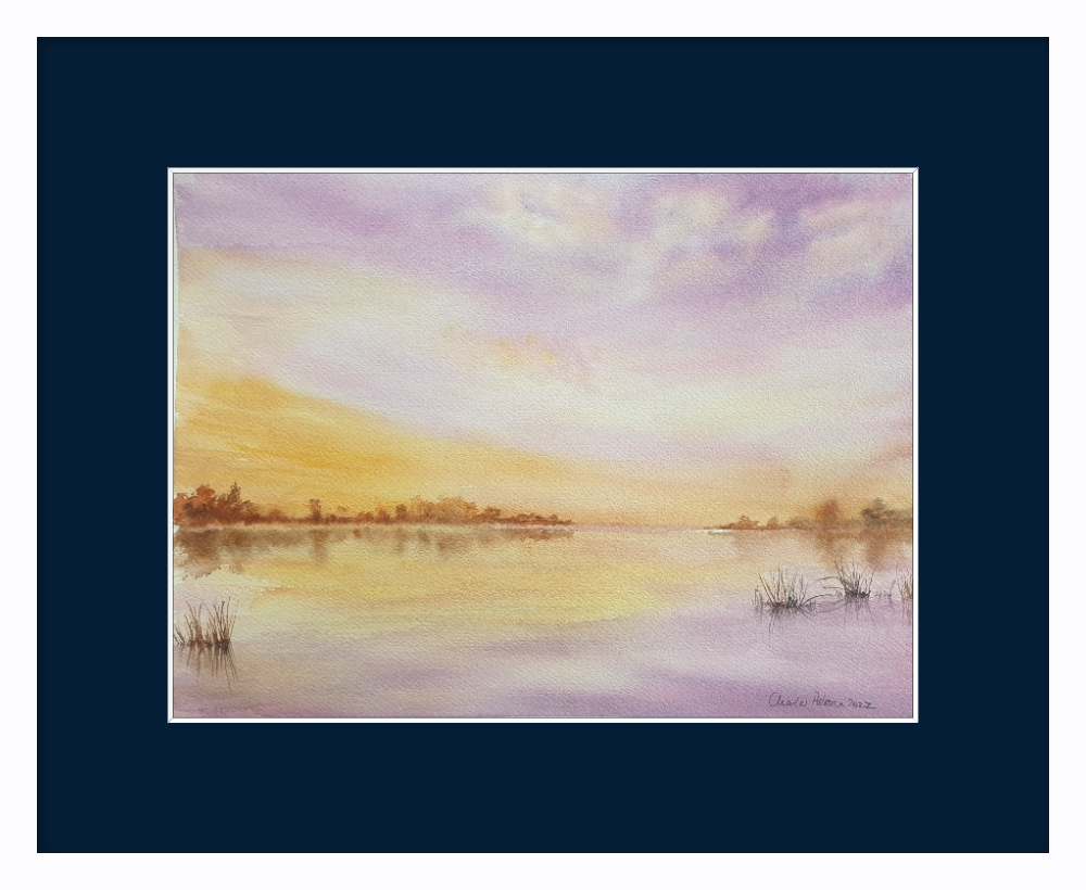 Tranquil Lake at Sunset. Original Signed Watercolour