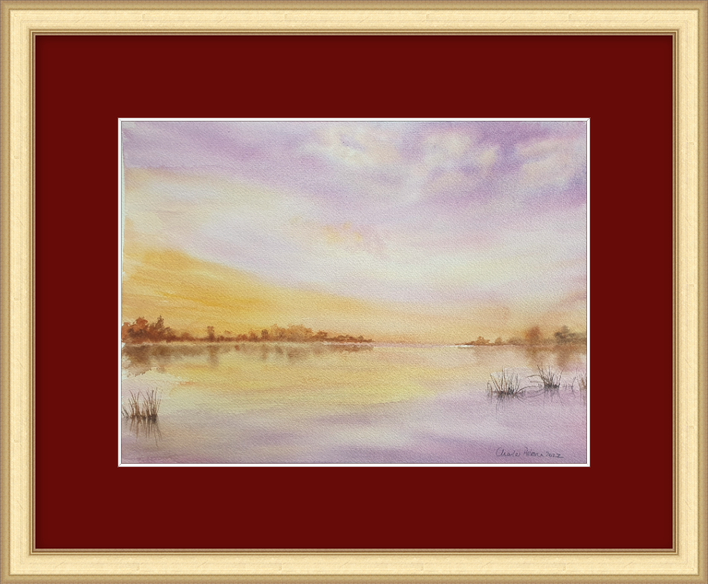 Tranquil Lake at Sunset. Original Signed Watercolour