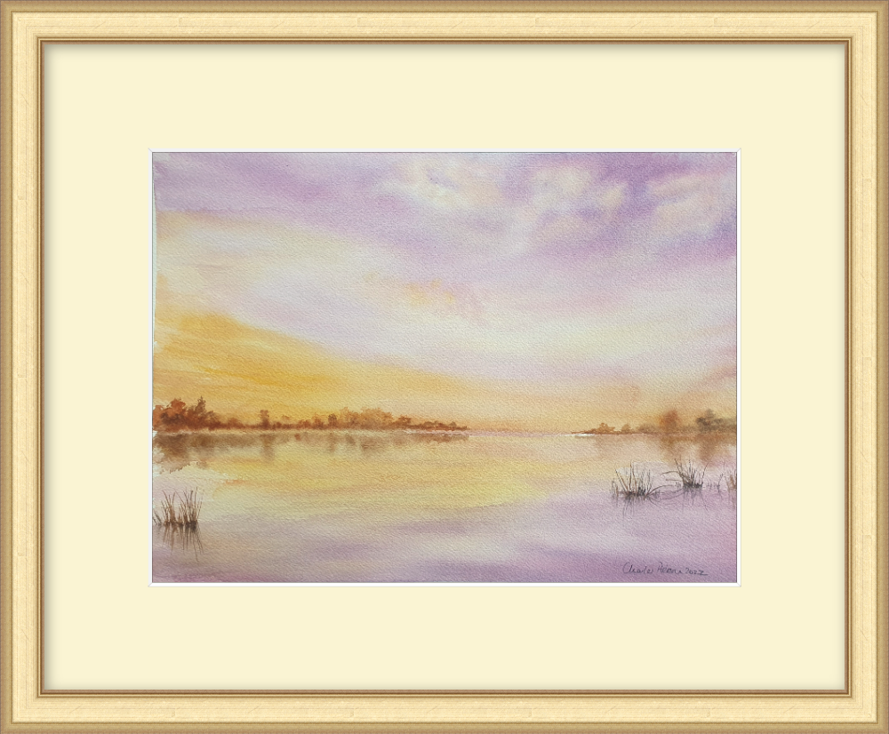 Tranquil Lake at Sunset. Original Signed Watercolour