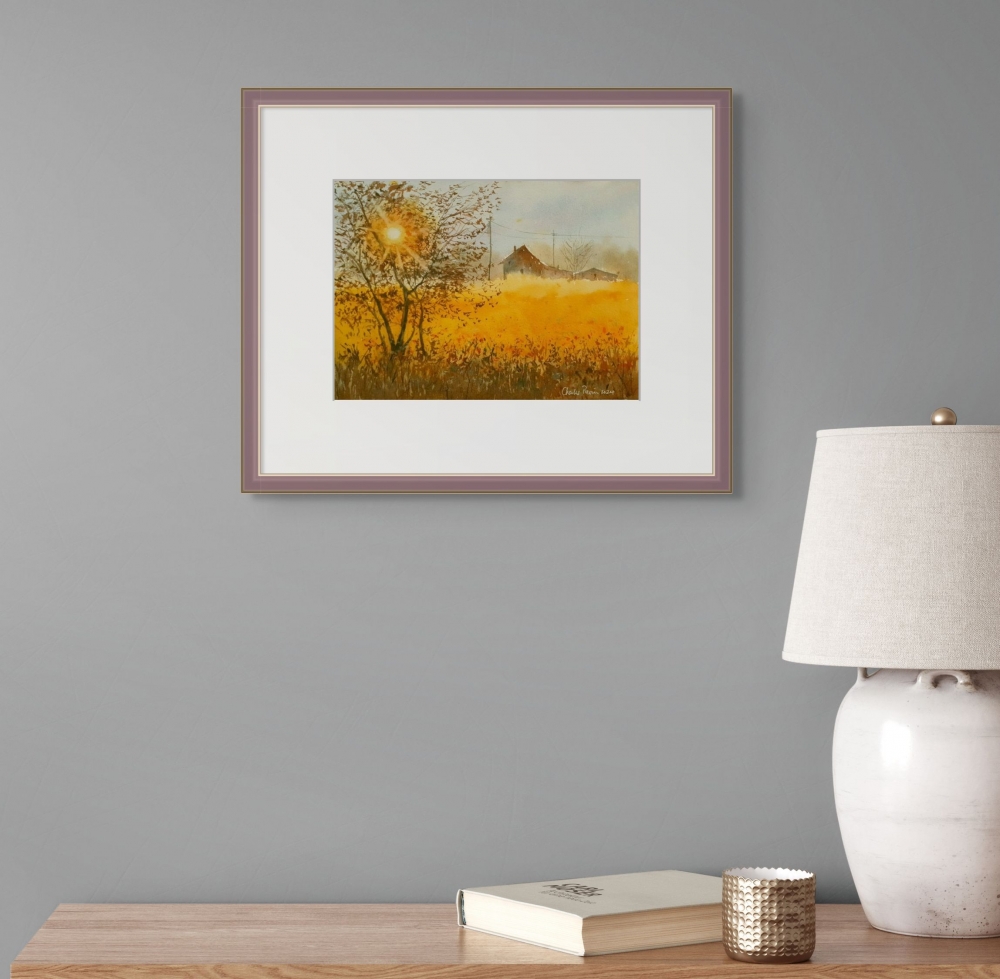 Barns and Sunset. Original Signed Watercolour. 15x11 inches; 38x28cm