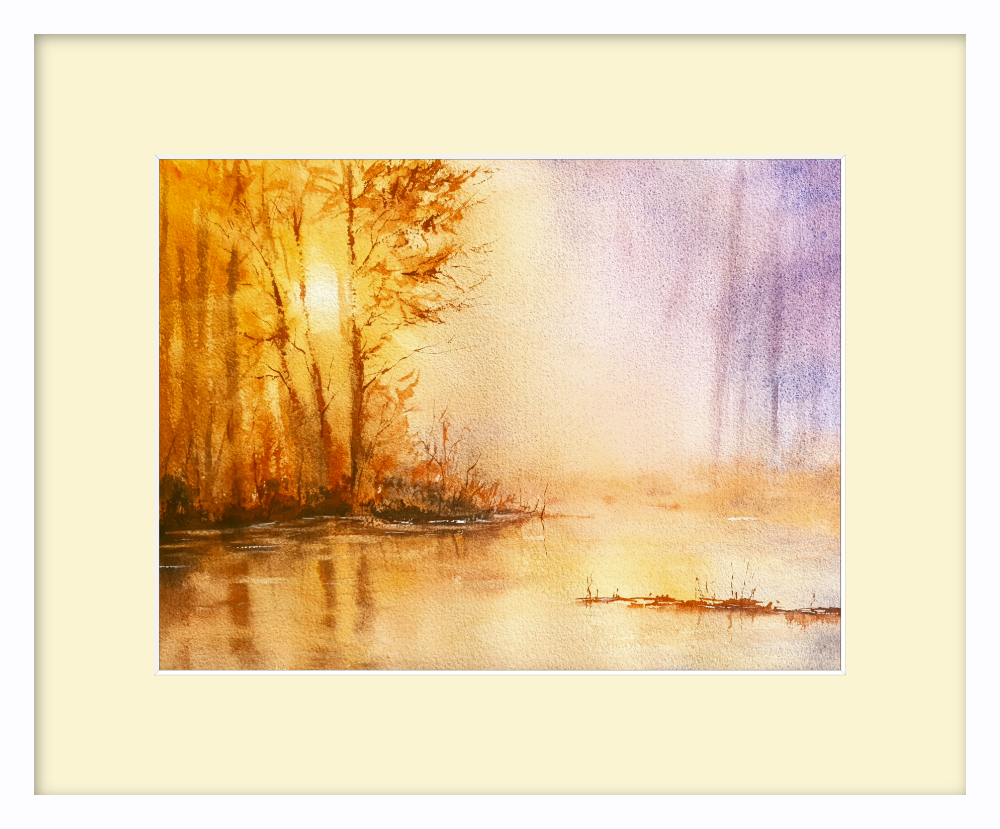 Golden Dawn on the Lake. Original Watercolour. 15x11 inches