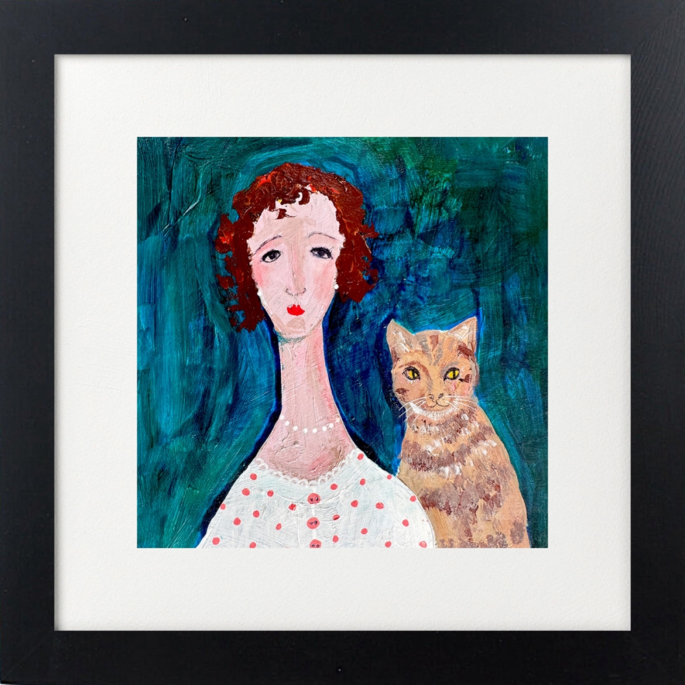 Woman Polka Dot Cardigan, Cat Framed