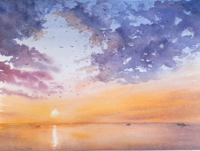 Gulls Circling at Sunset. Original Watercolour