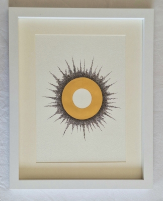 Gold Halo with Text Texture – Minimalist Conceptual Wall Art, Gold Leaf Circle, Contemporary Ink Drawing