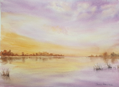Tranquil Lake at Sunset. Original Signed Watercolour