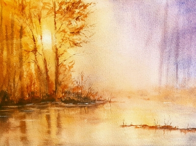 Golden Dawn on the Lake. Original Watercolour. 15x11 inches