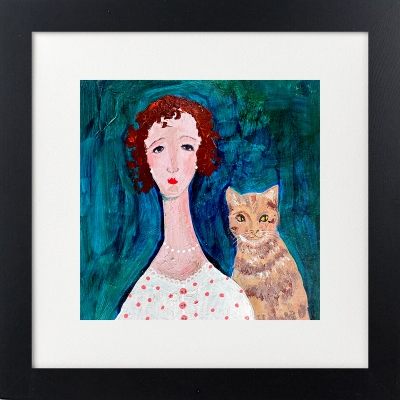 Woman Polka Dot Cardigan, Cat Framed