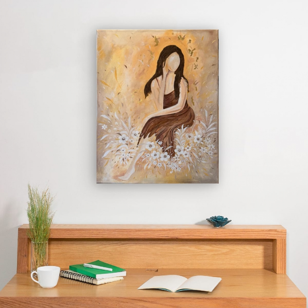 Golden Silence Floral Lady Art Canvas Painting 