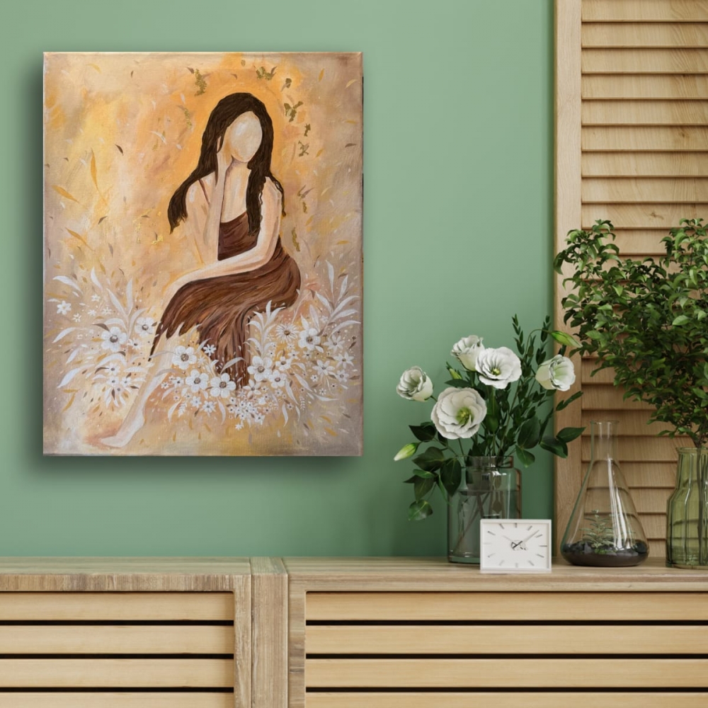 Golden Silence Floral Lady Art Canvas Painting 