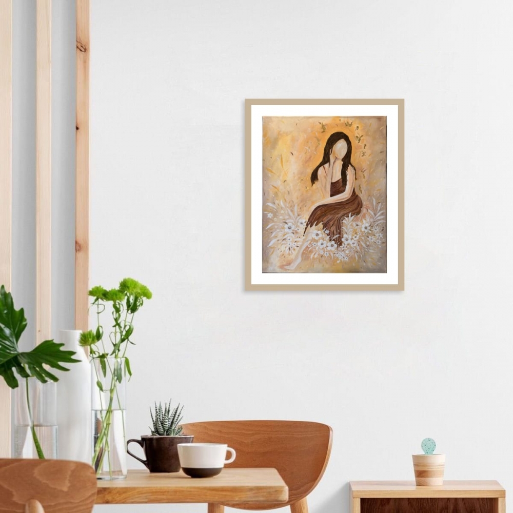 Golden Silence Floral Lady Art Canvas Painting 