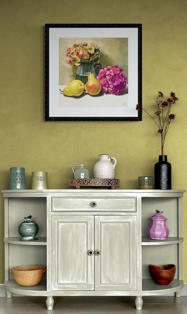 Pears Glass And Hydrangea Flowers
