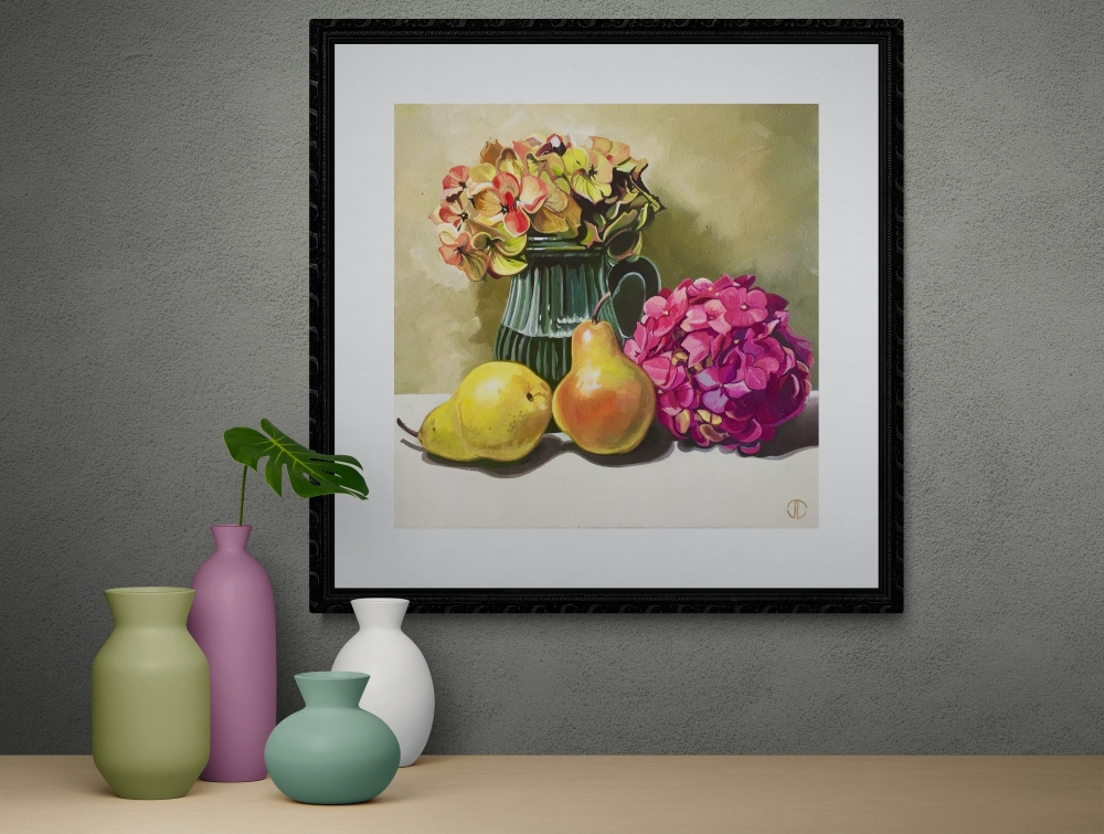 Pears Glass And Hydrangea Flowers