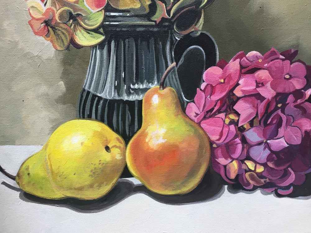 Pears Glass And Hydrangea Flowers