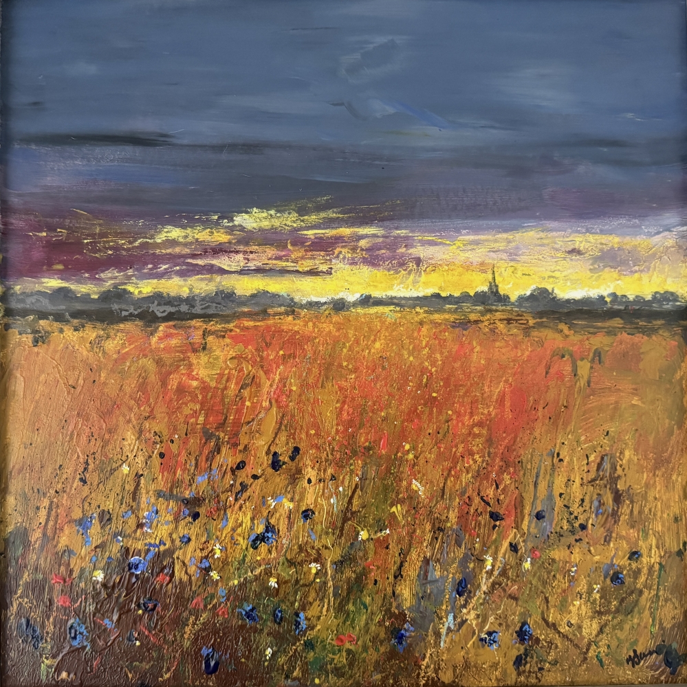 Distant Church evening skies cornfield (framed)