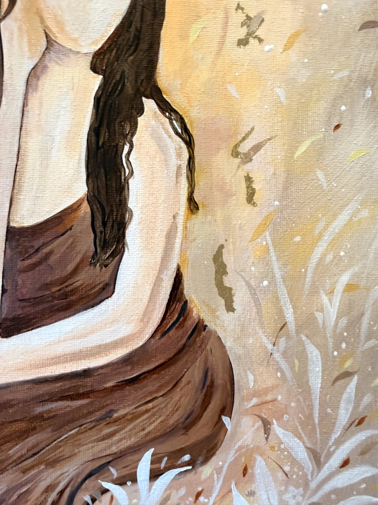 Golden Silence Floral Lady Art Canvas Painting 