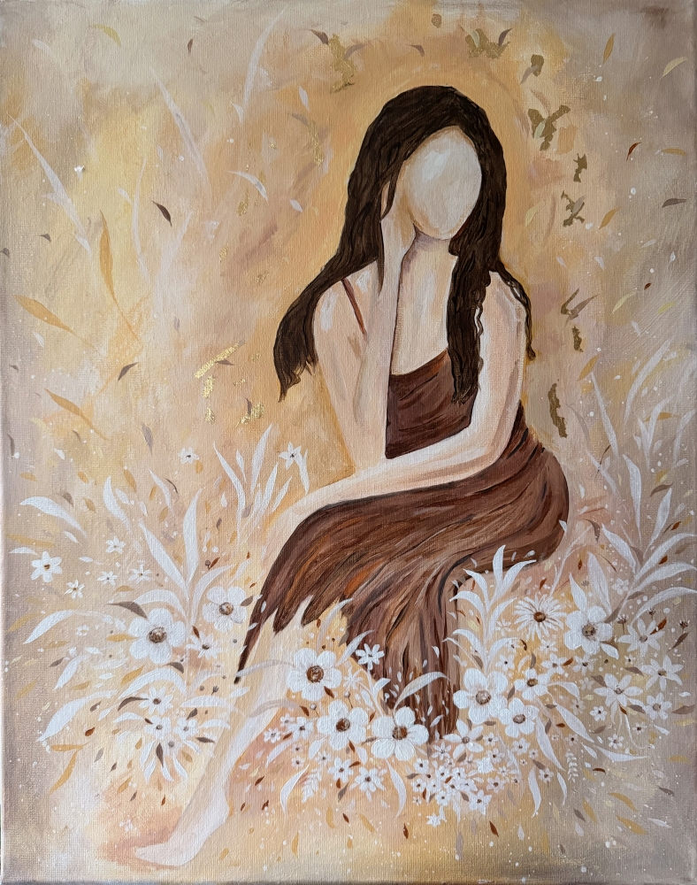 Golden Silence Floral Lady Art Canvas Painting 