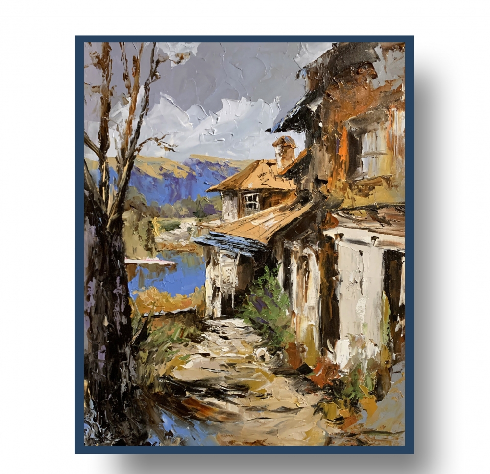 Rustic Village Landscape by the Water.