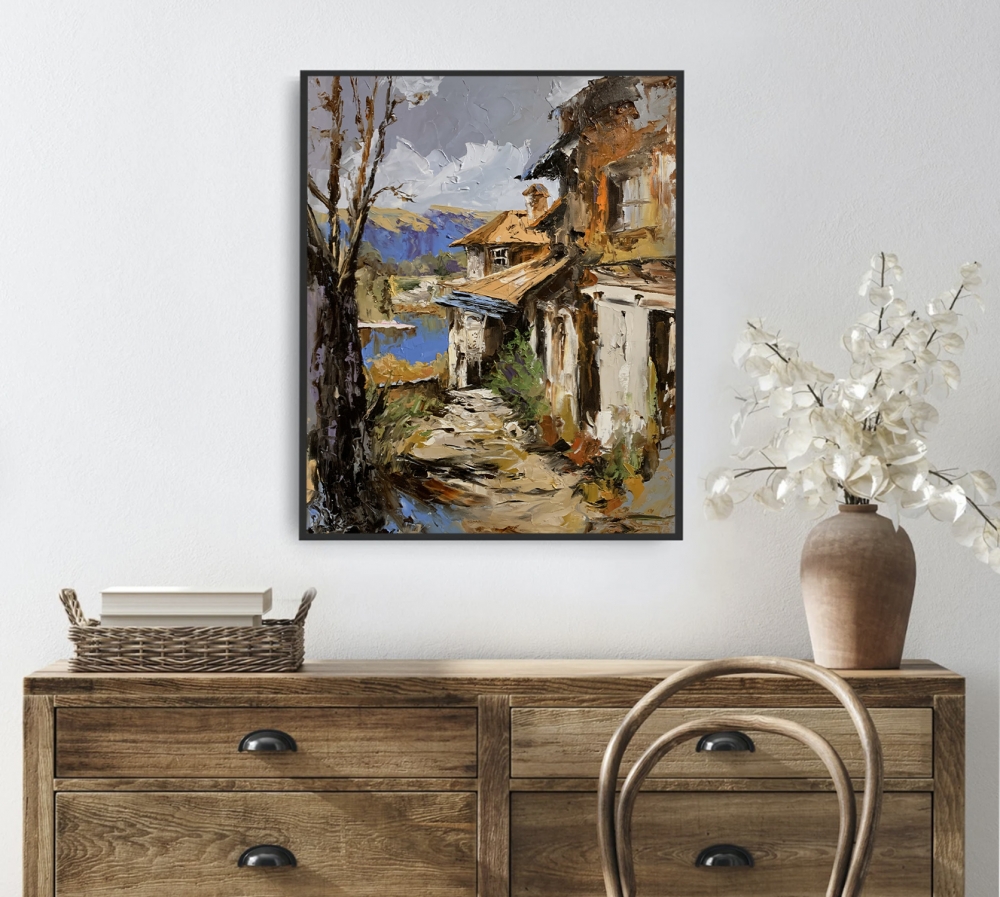Rustic Village Landscape by the Water.
