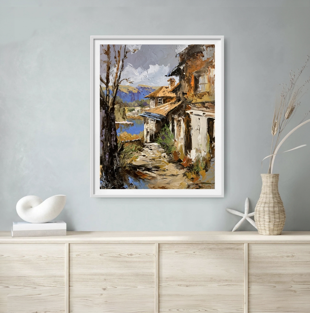 Rustic Village Landscape by the Water.