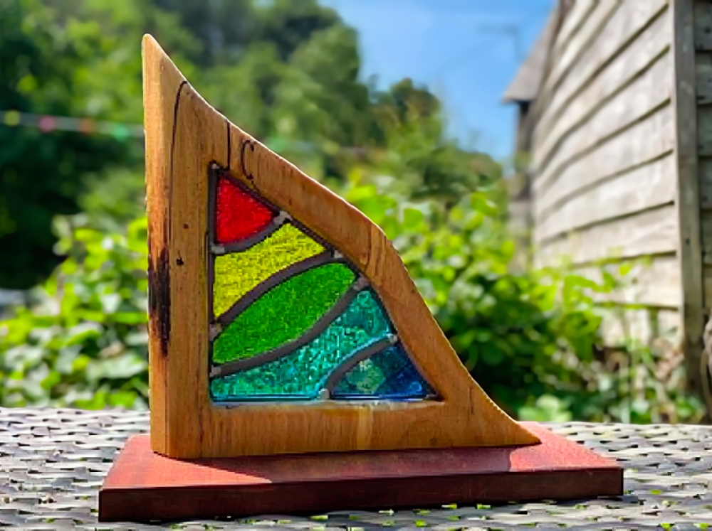 Satis, a stunning sculpture, made from spalted beech and stained glass