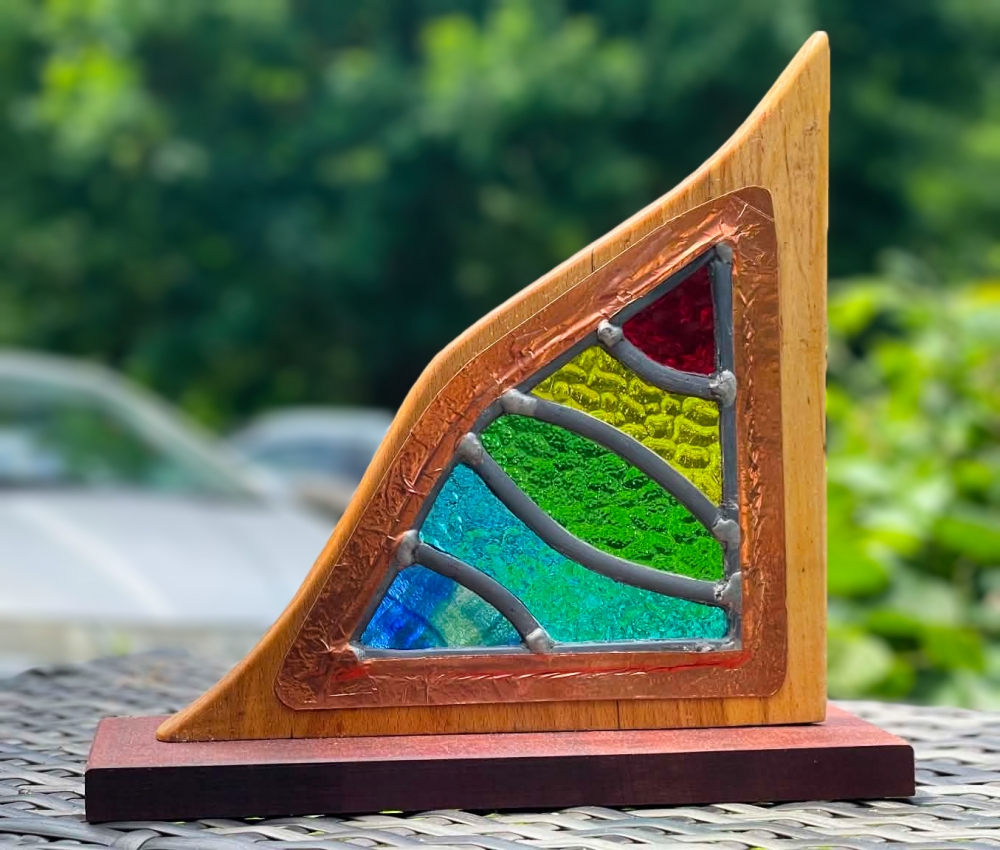 Satis, a stunning sculpture, made from spalted beech and stained glass