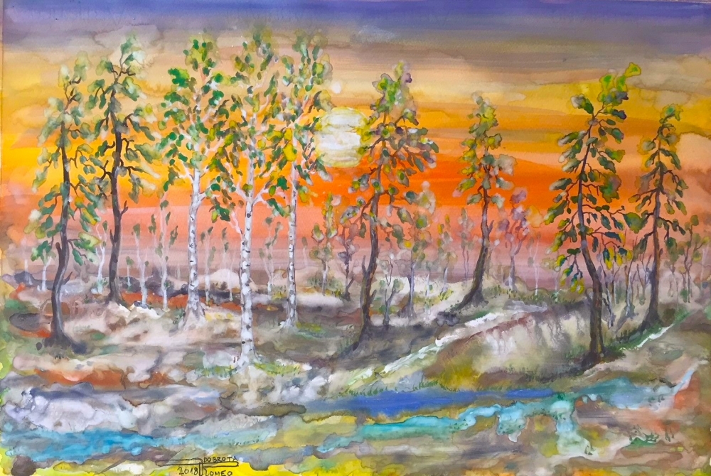 Canadian winter forest landscape,  15x22 inch, watercolor on cold press paper SKU 4072 