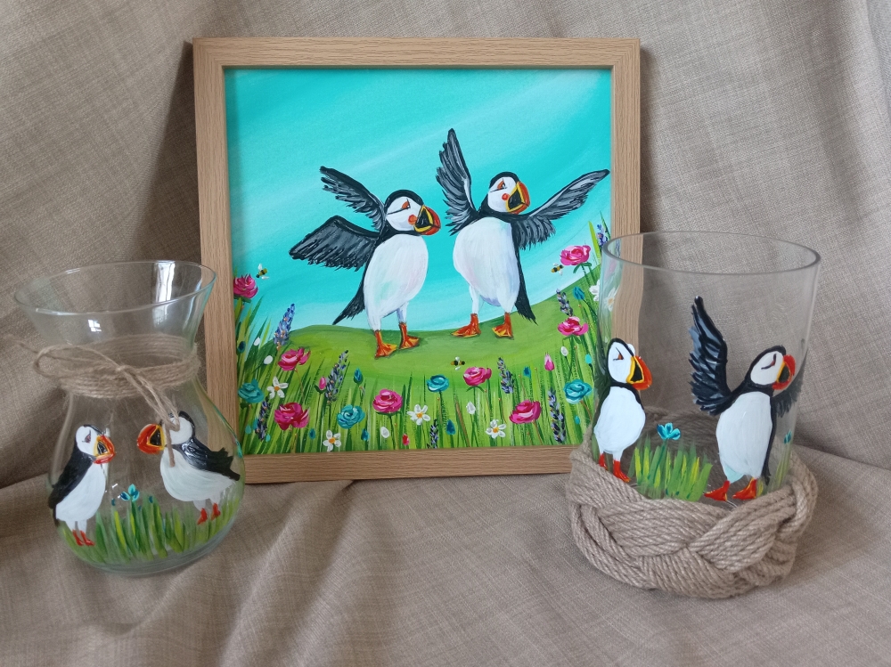 Dancing puffins original artwork 
