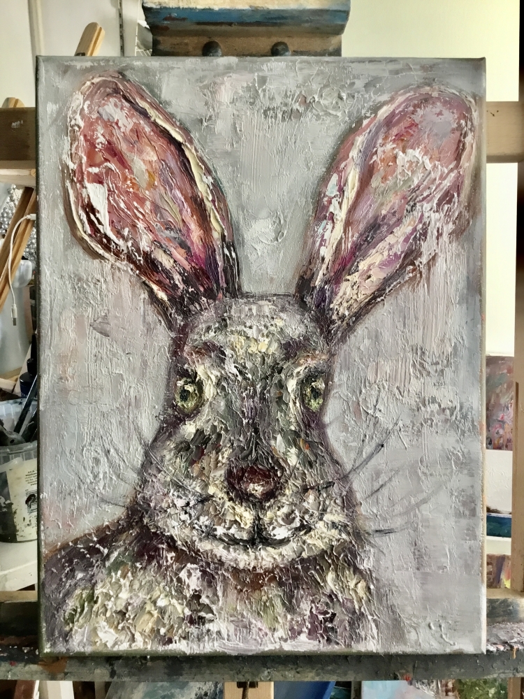 The Watchful Hare – Original Impasto Oil Painting on 3D Canvas, Textured Wildlife Art, Contemporary Rabbit Portrait