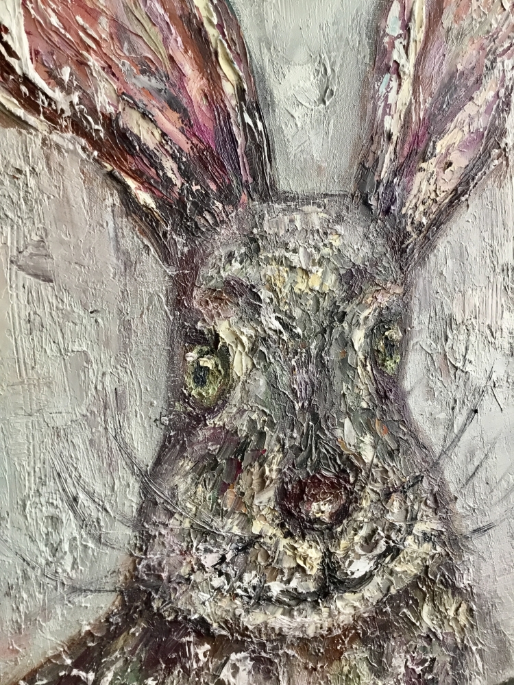 The Watchful Hare – Original Impasto Oil Painting on 3D Canvas, Textured Wildlife Art, Contemporary Rabbit Portrait