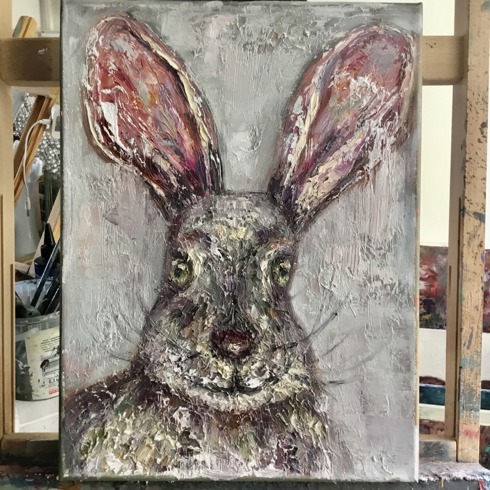 The Watchful Hare – Original Impasto Oil Painting on 3D Canvas, Textured Wildlife Art, Contemporary Rabbit Portrait
