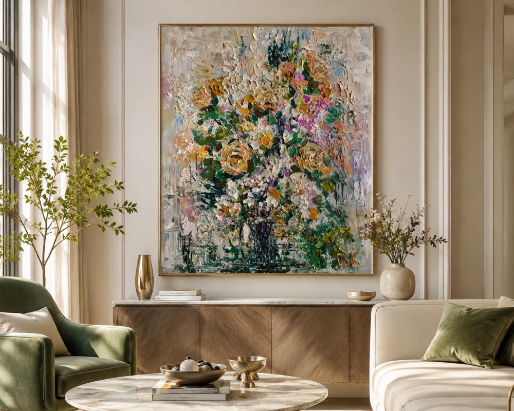 Blooming Harmony – Original Textured Oil Painting on Canvas, Large Floral Bouquet