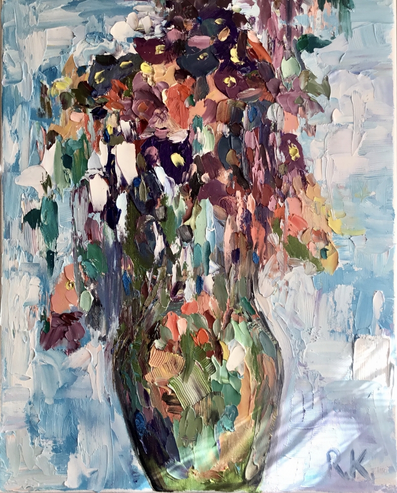 Abstract Floral Vase Painting – Original Textured Oil Painting on Canvas