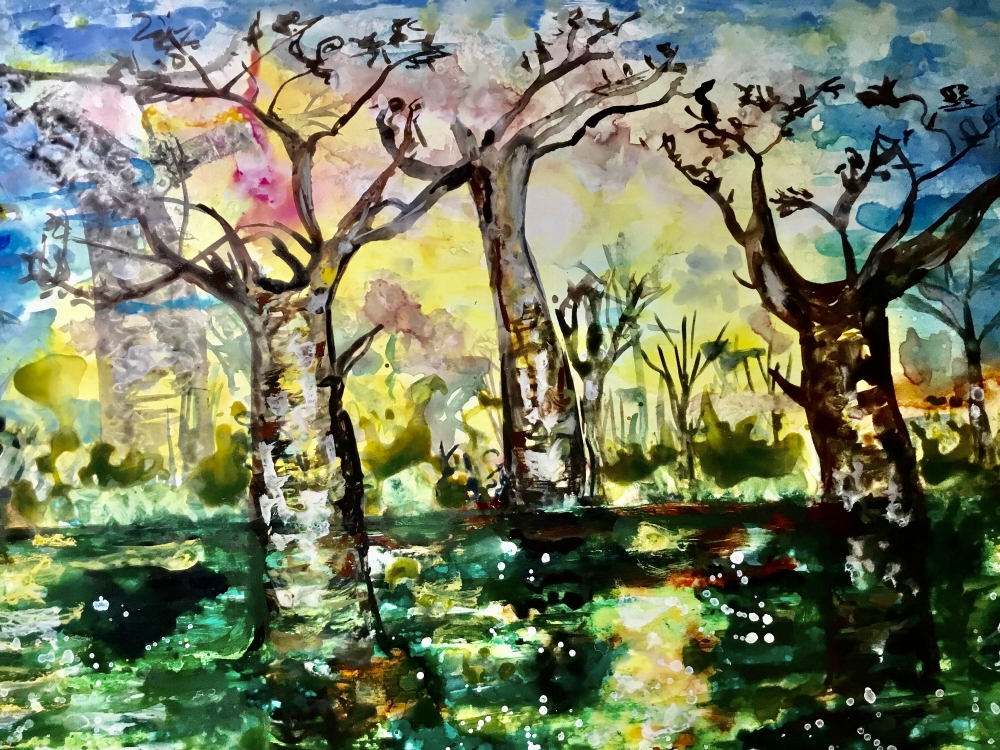 Baobab Dreams – Abstract African Landscape Watercolour on Yupo Paper