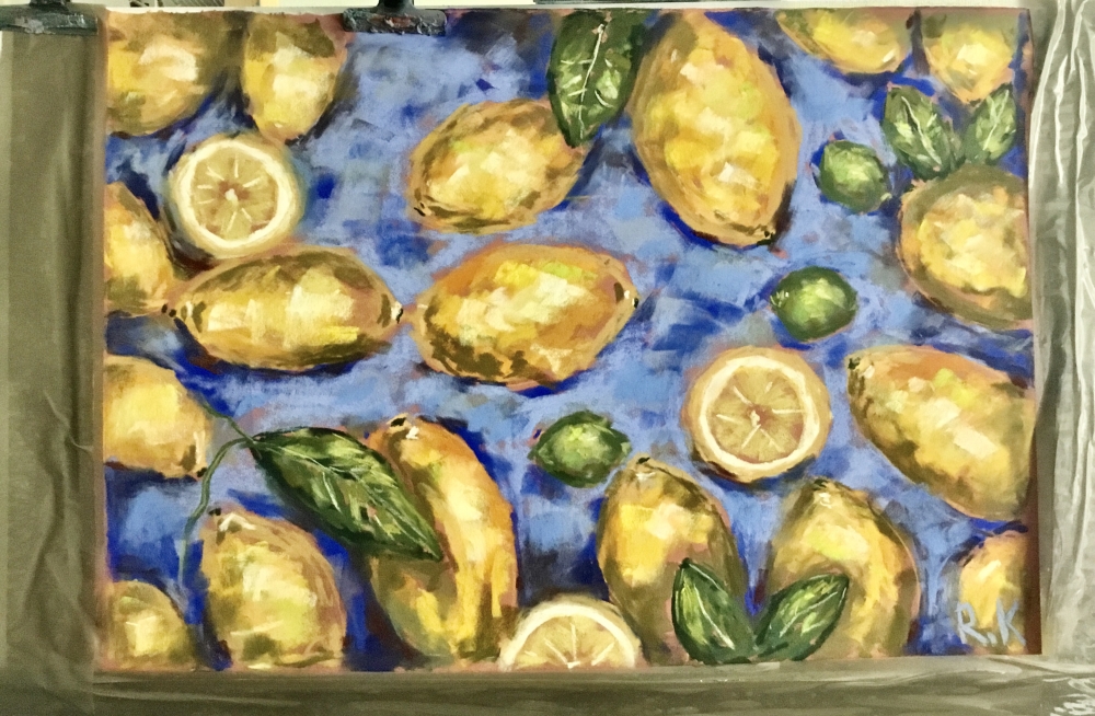 Original Soft Pastel Lemons Painting on Pastelmat 25x50 cm |
