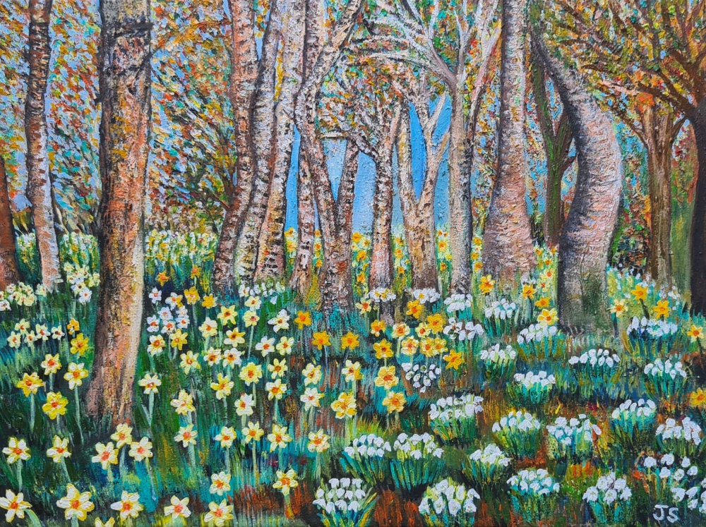 Woodland with Daffodils and Bluebells