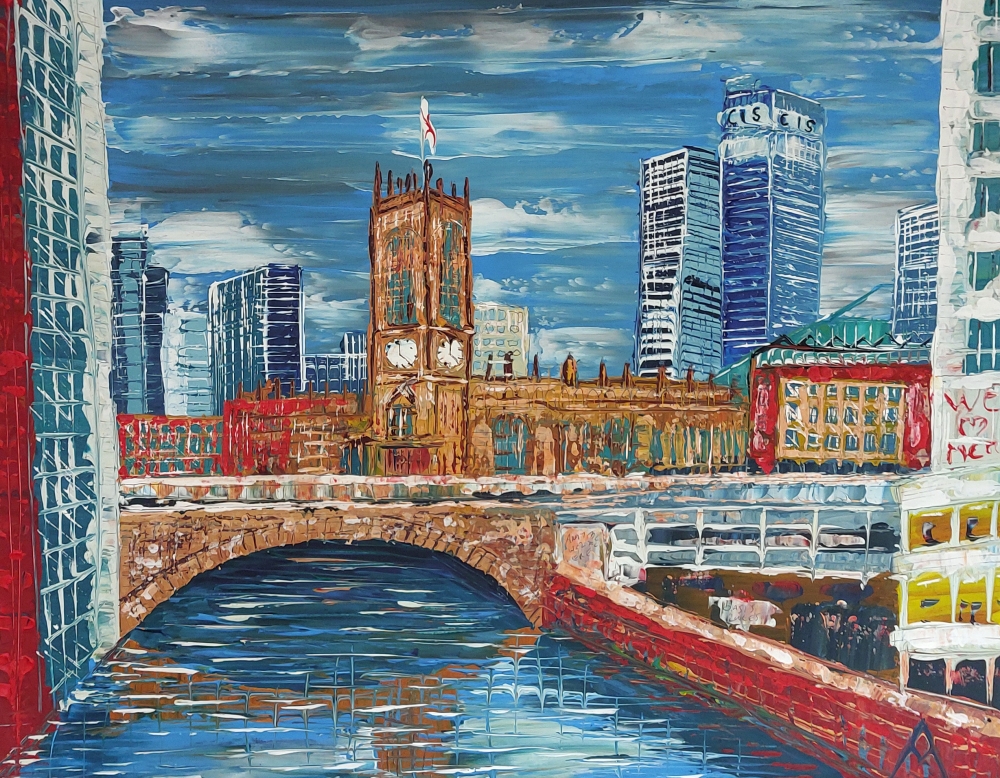 Manchester Cathedral & Bridge on water