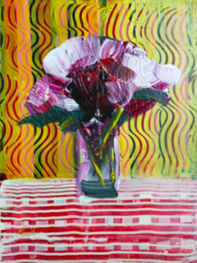 Red and white flowers in vase on table expressions 825