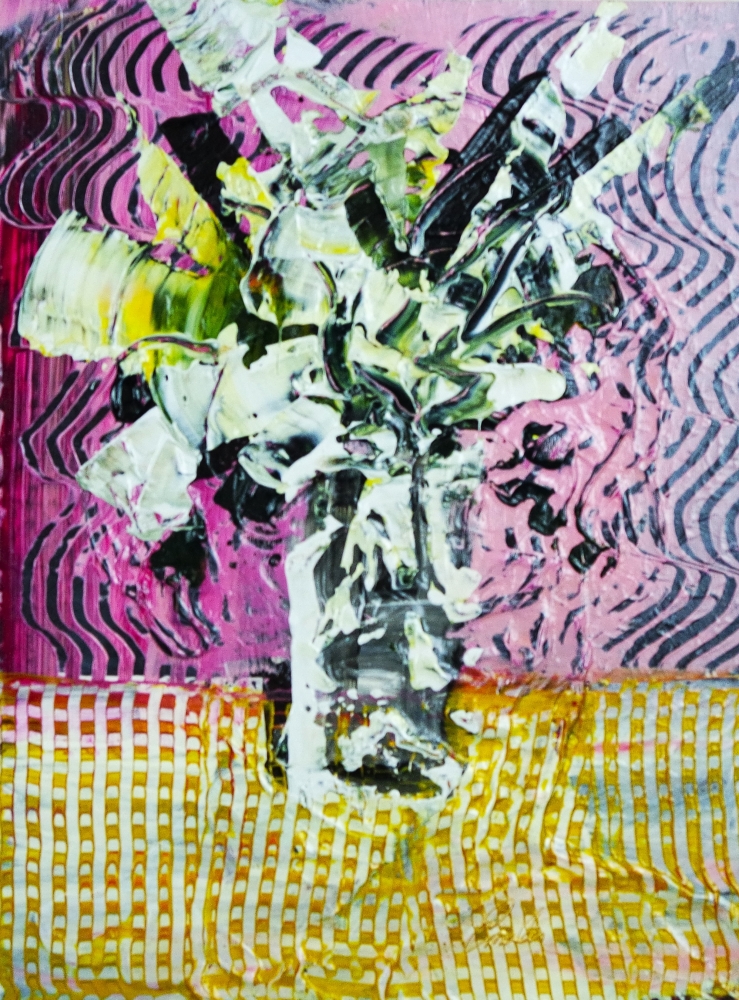 White flowers in vase on yellow tablecloth expressions 837