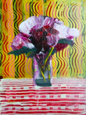 Red and white flowers in vase on table expressions 825