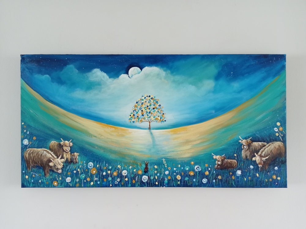 Sycamore Gap Tree Highland Cows Original acrylic Painting 