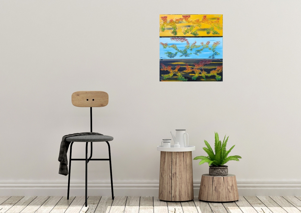 Good morning, good day, good night, acrylic on canvas, modeling paste, 36X36 inch, 90.5x90.5 cm, 3 panels, 12x36 inch. SKU 1100